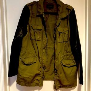 Utility jacket w/faux leather sleeves.